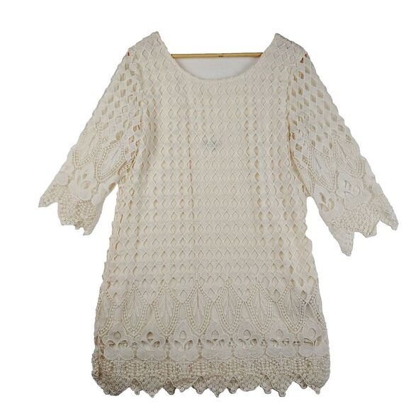 Aakaa Dresses & Skirts - Aakaa Dress Womens Large Ivory Scoop Neck 3/4 Sleeve Lined Lace Boho Beach Party
